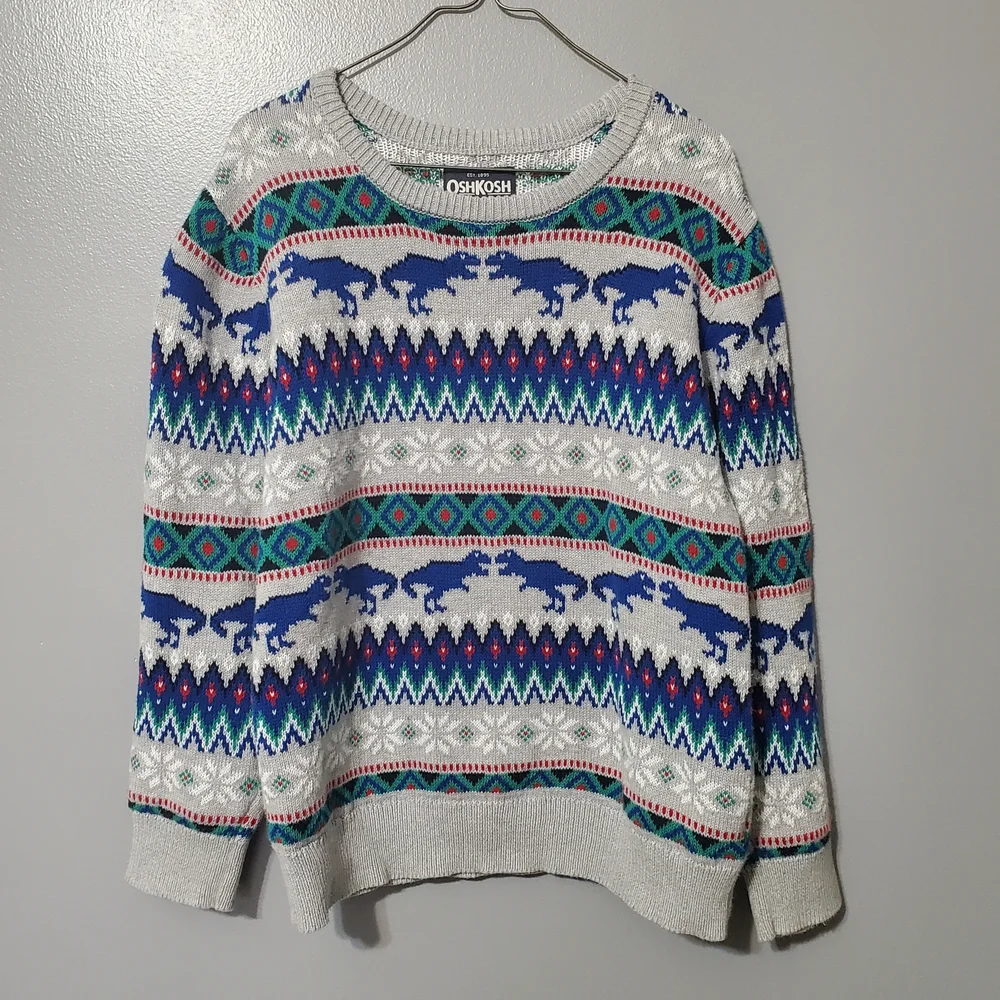 OshKosh B'gosh Dinosaur T Rex Blue and Green Patterned Sweater Boy's Size 10